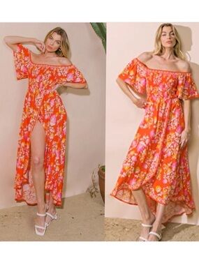 Flying Tomato | Vacation Vibes Off The Shoulder Hi Low Smocked Dress New Medium